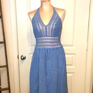 🆕💐SEASPICE ‘Arabella’ Blue Woven Crochet Halter Dress Slits Boho Gypsy Beach